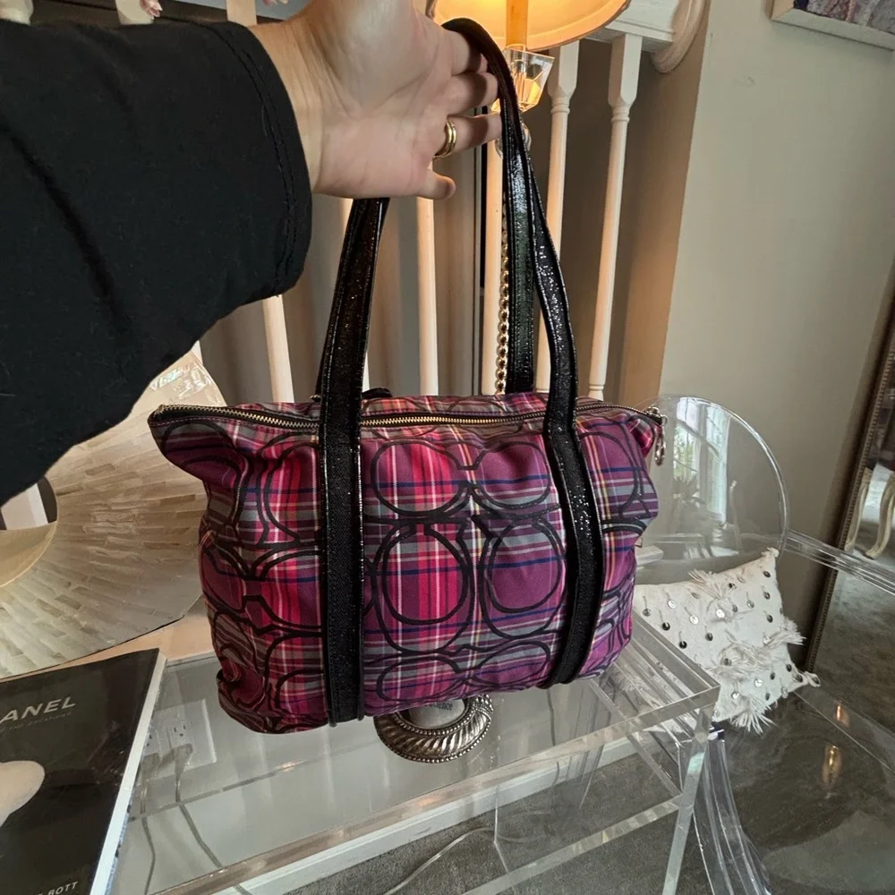 EUC Coach Poppy Pink and Black Shoulder Bag with Plaid Design - Picture 3 of 15